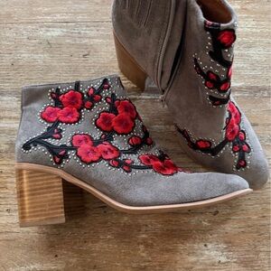 Jeffrey Campbell Gray Suede Ankle Boots with Red Floral Embroidery